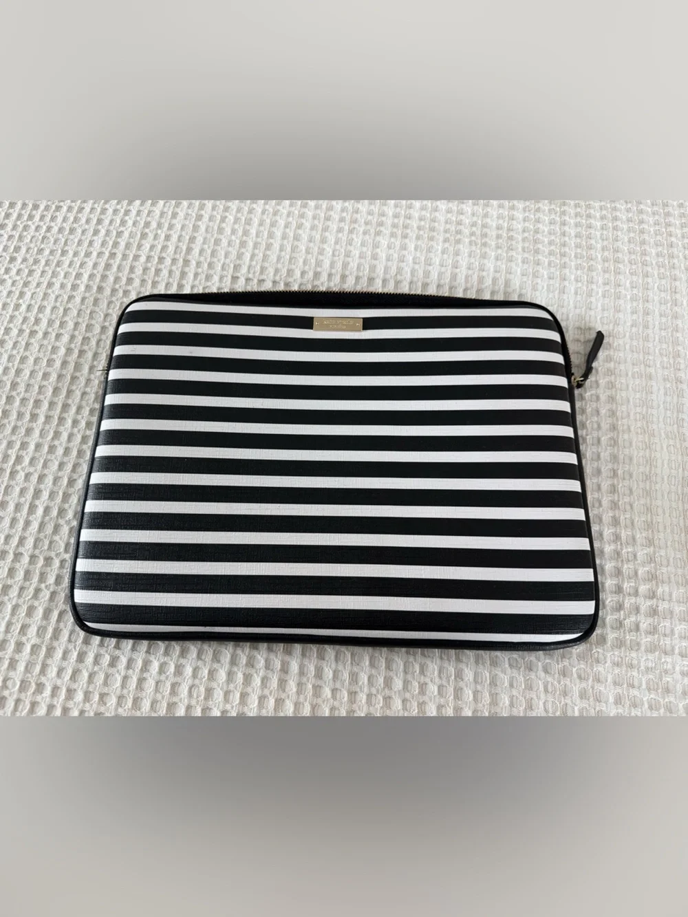 kate spade Black and White Striped Tablet Sleeve with Gold Nameplate